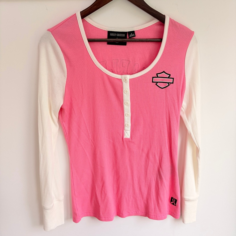 Harley-Davidson‎ Henley Shirt Medium Y2K Pink White Thermal Graphic Tee Cancer